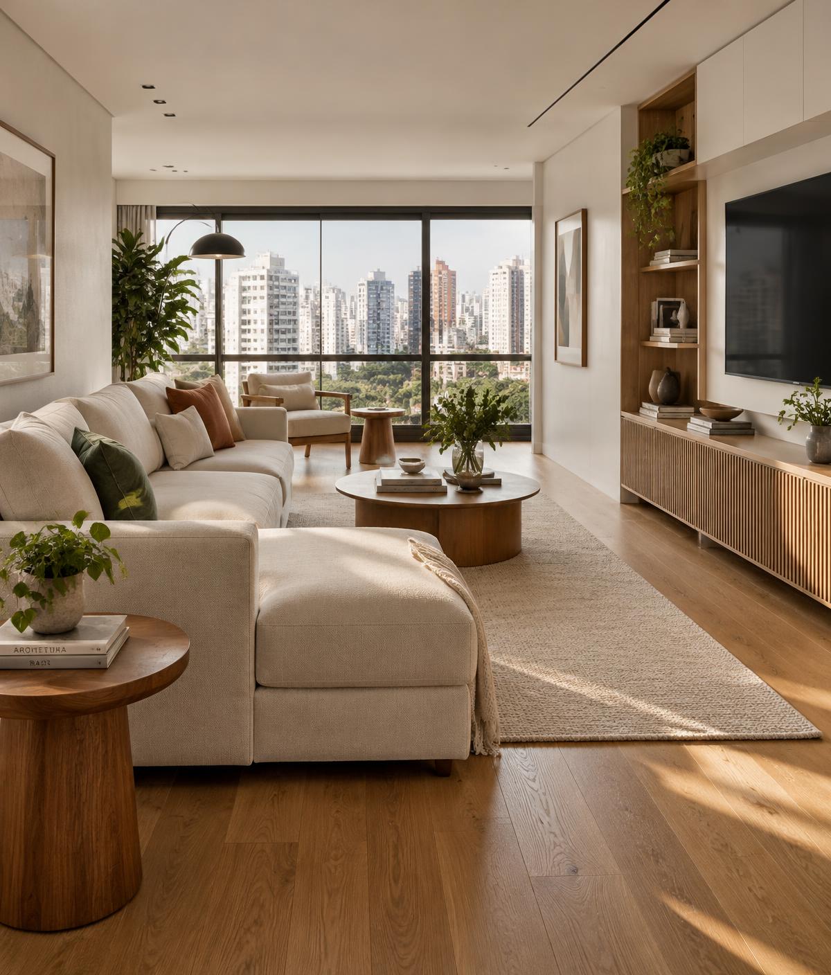 Sala de apartamento de alto padrão reformado pela ROSH Obras e Reformas em São Paulo